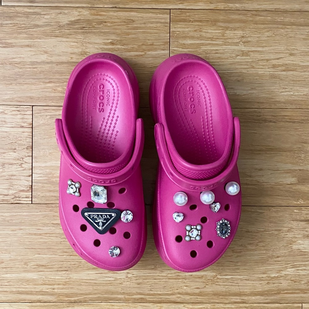 Pink CROCS Bae Platforms (New, Custom Barbie Prada Charms/Jibbitz)